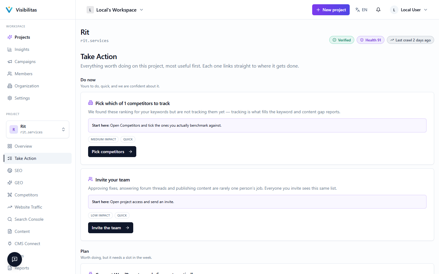 The Take Action feed listing pending fix items with first-step guidance, and a Completed section showing items already applied