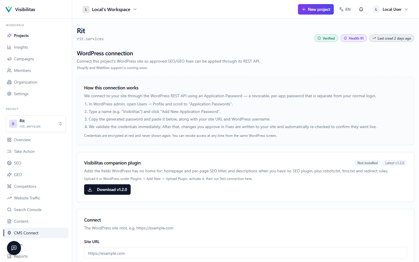 The CMS Connect settings page showing the WordPress connection form and the Browser Apply card with an active pairing code