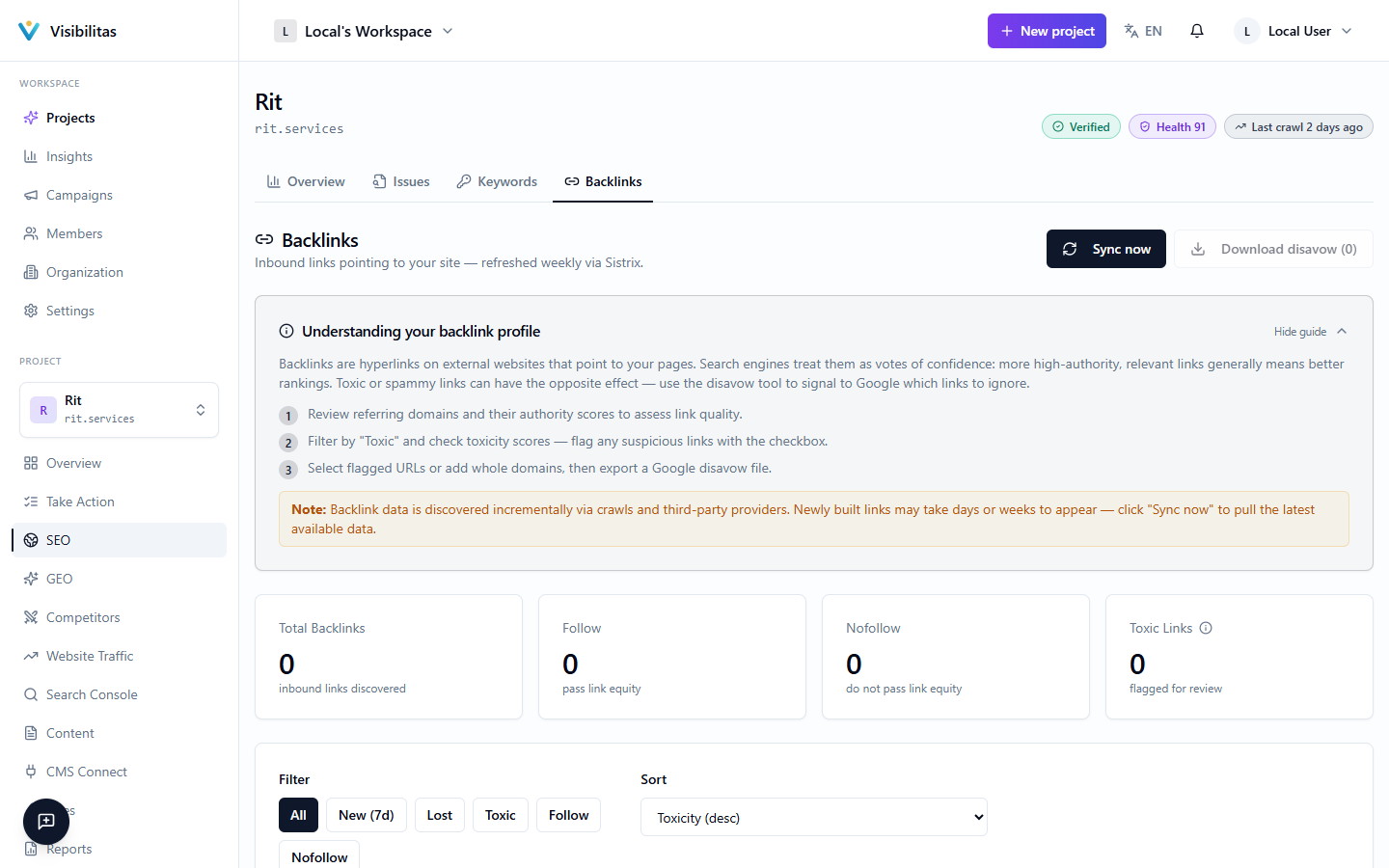 The project's Backlinks page showing summary stat cards, filter and sort controls, and the backlinks table with Domain Authority and Toxicity columns