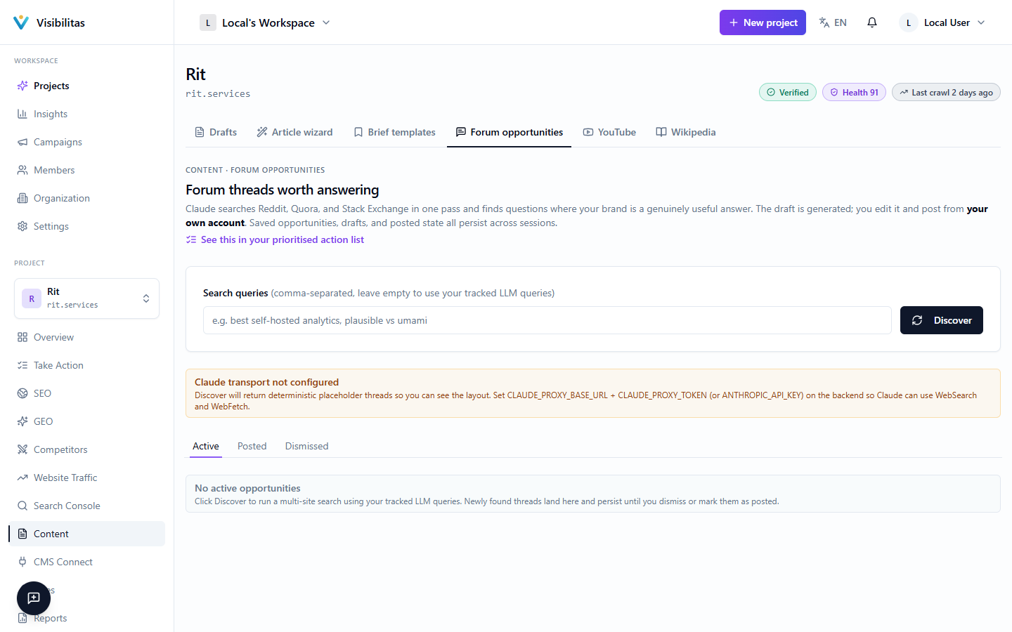 The Forum opportunities page listing discovered threads with relevance percentages, source badges, and an expanded card showing a drafted reply.