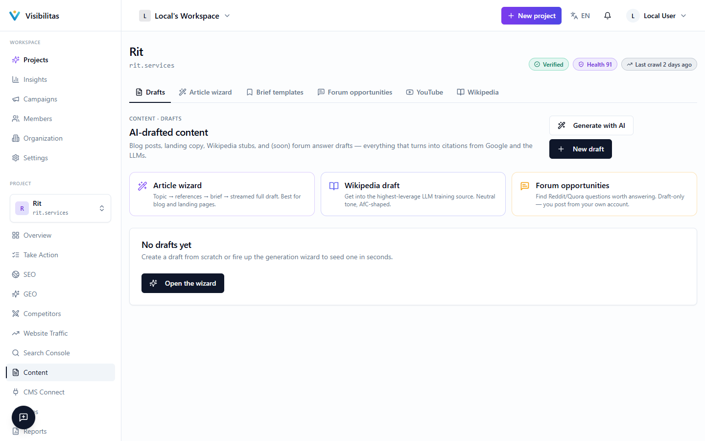 The Content hub showing shortcut cards for the wizard, Wikipedia and forum tools, plus a grid of draft cards with status badges.