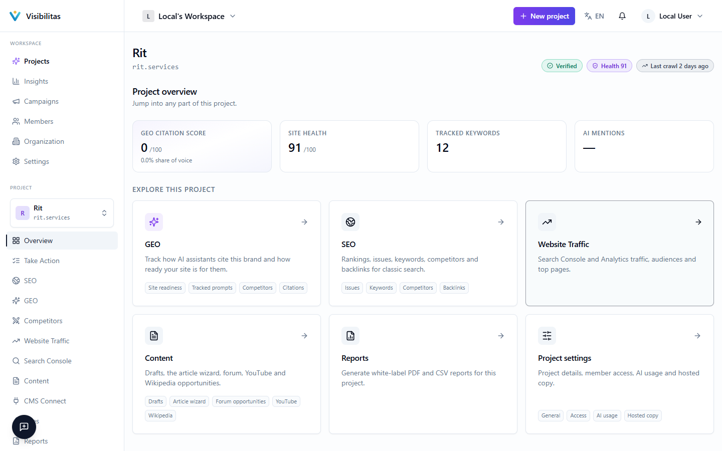 A project's overview page showing the four stat tiles across the top and the grid of section cards for GEO, SEO, Website Traffic, Content, Reports, and Project settings below.