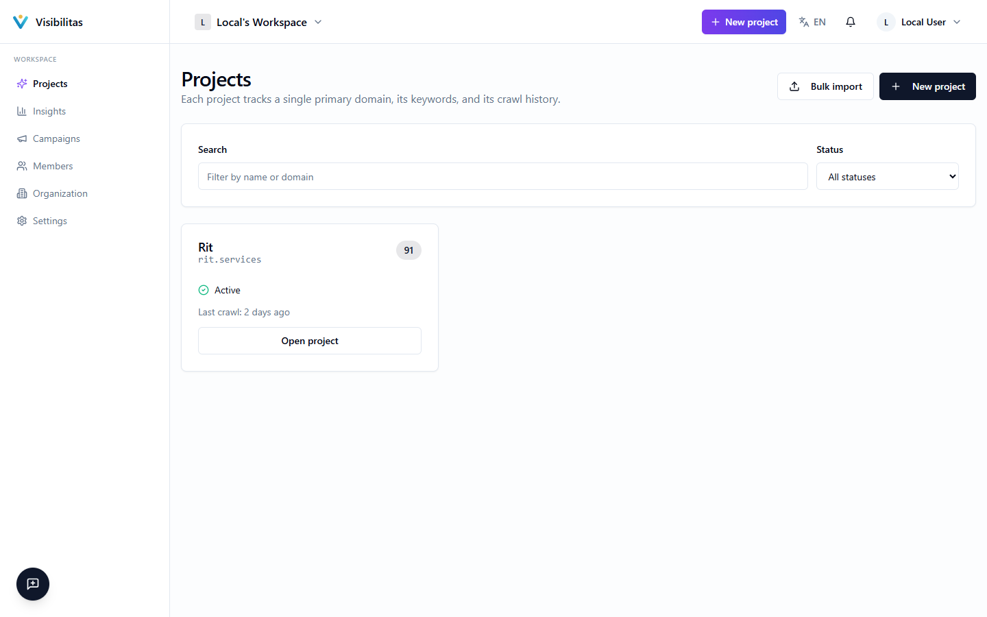The projects list page showing a grid of project cards with health scores, verification status, and last crawl times, with the search box and status filter above them.