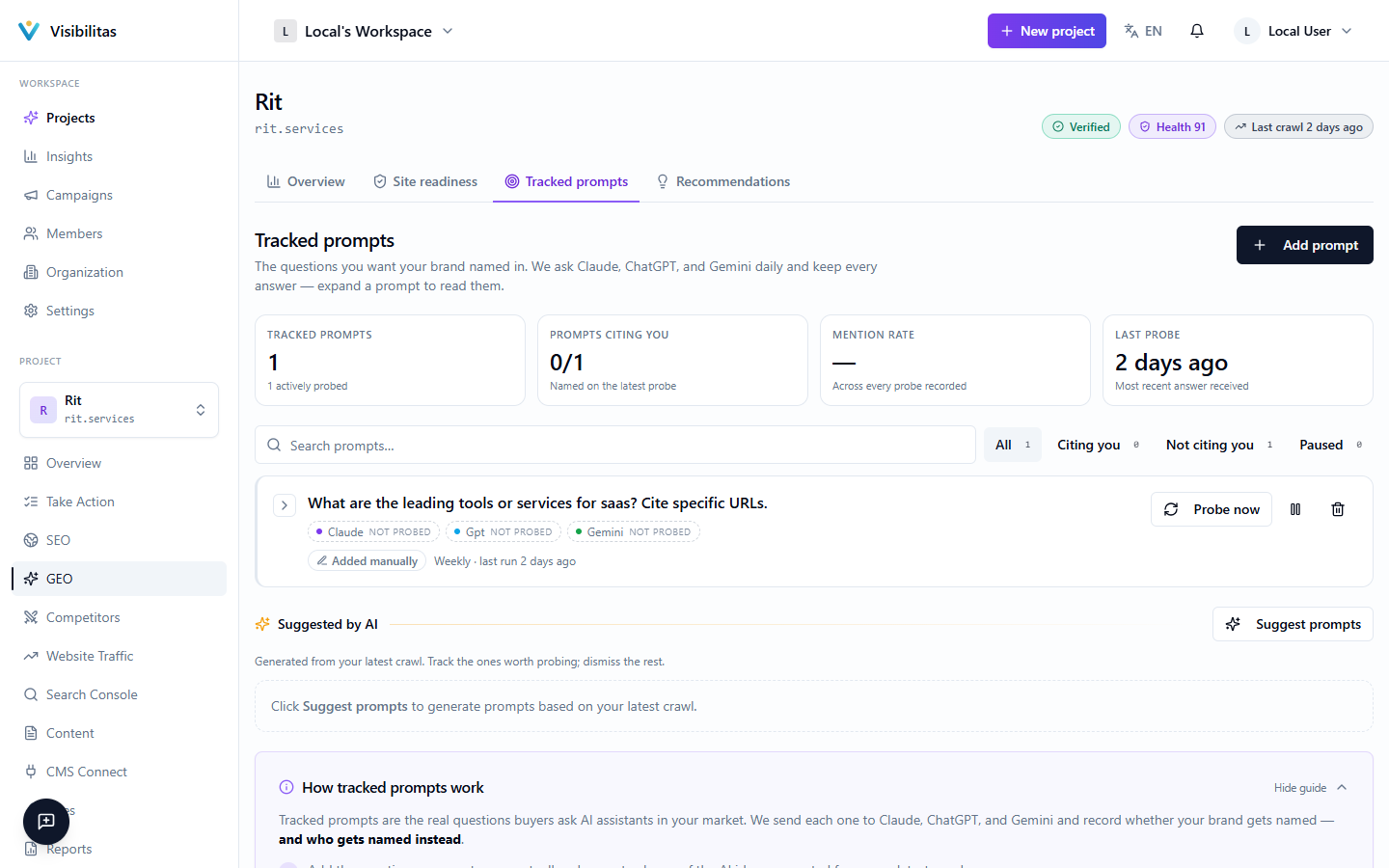 The Tracked prompts page listing prompts with their models, cited/paused status, filters, at-a-glance stats, the AI-generated suggestions section, and an expanded prompt showing its probe history.