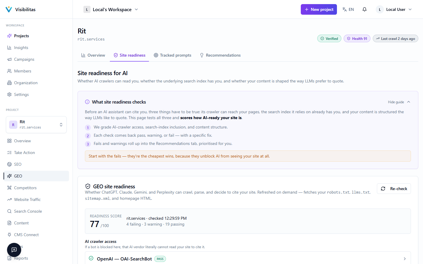 The GEO Readiness tab showing the overall readiness score, categorized health checks (crawler access, discoverability, structured data, content signals, search inclusion, content style) with pass/warn/fail status, and the page-level readiness card.