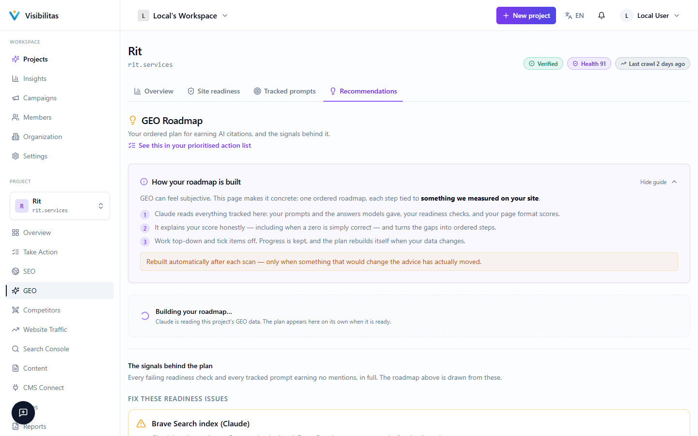 The Recommendations tab showing the generated roadmap with tickable action items, impact/effort ratings, the posture badge and progress bar, the prompt audit section, and the underlying failing readiness checks and unmentioned prompts below it.