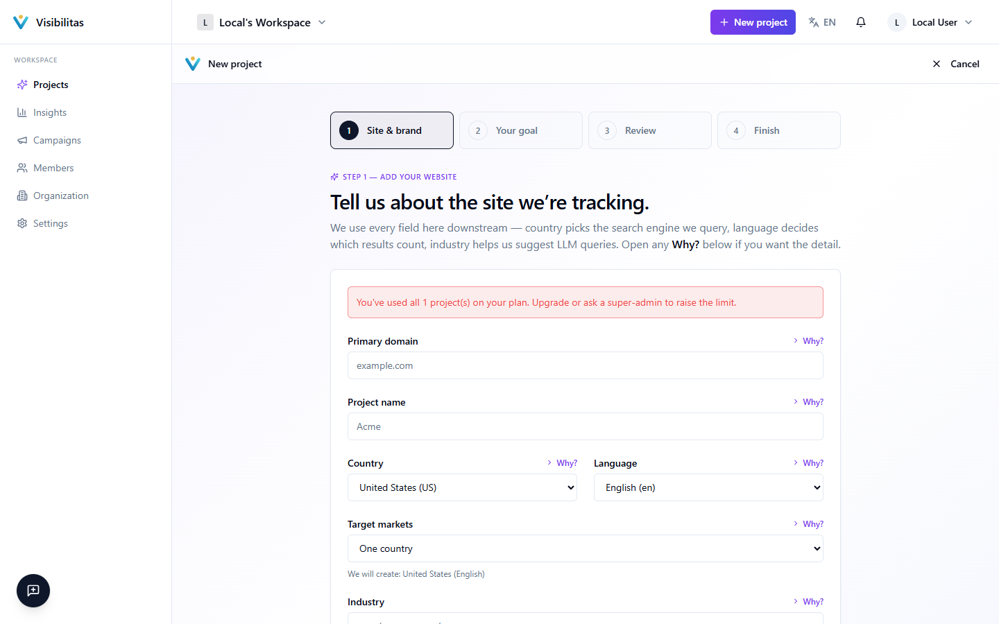 The new-project form showing fields for primary domain, project name, country, language, target markets, and industry, with Why? explainer links beside each field.