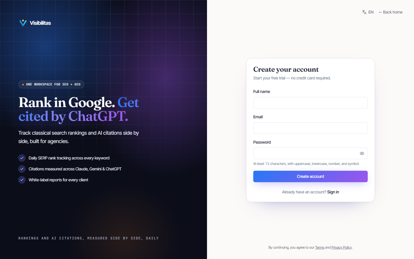 The account sign-up form showing fields for full name, email, and password with a password strength hint below it.
