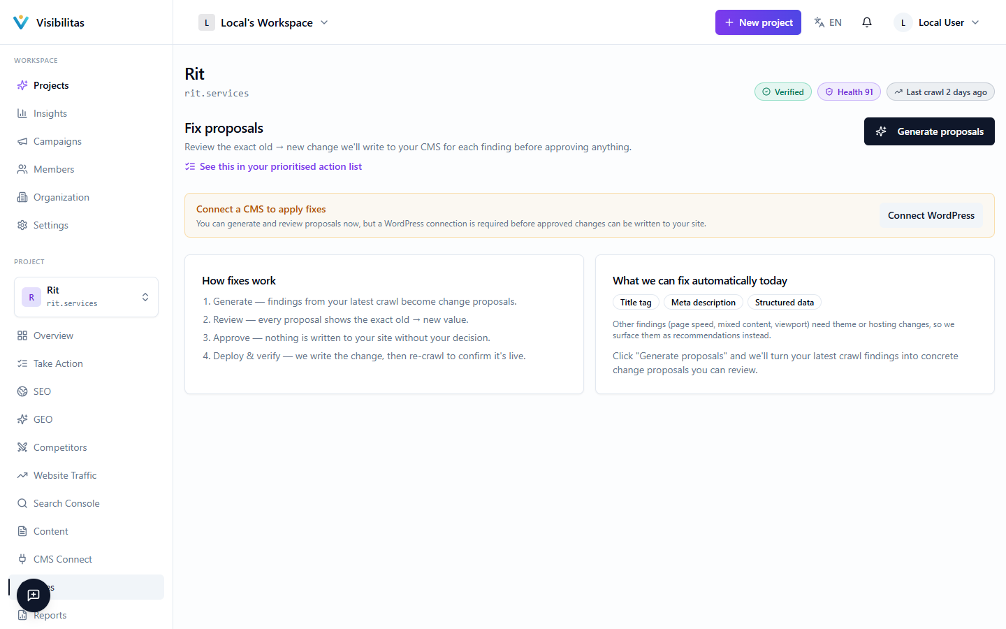 The Fixes page, showing the tabs, the old-to-new diff for a proposal, and the batch approval controls