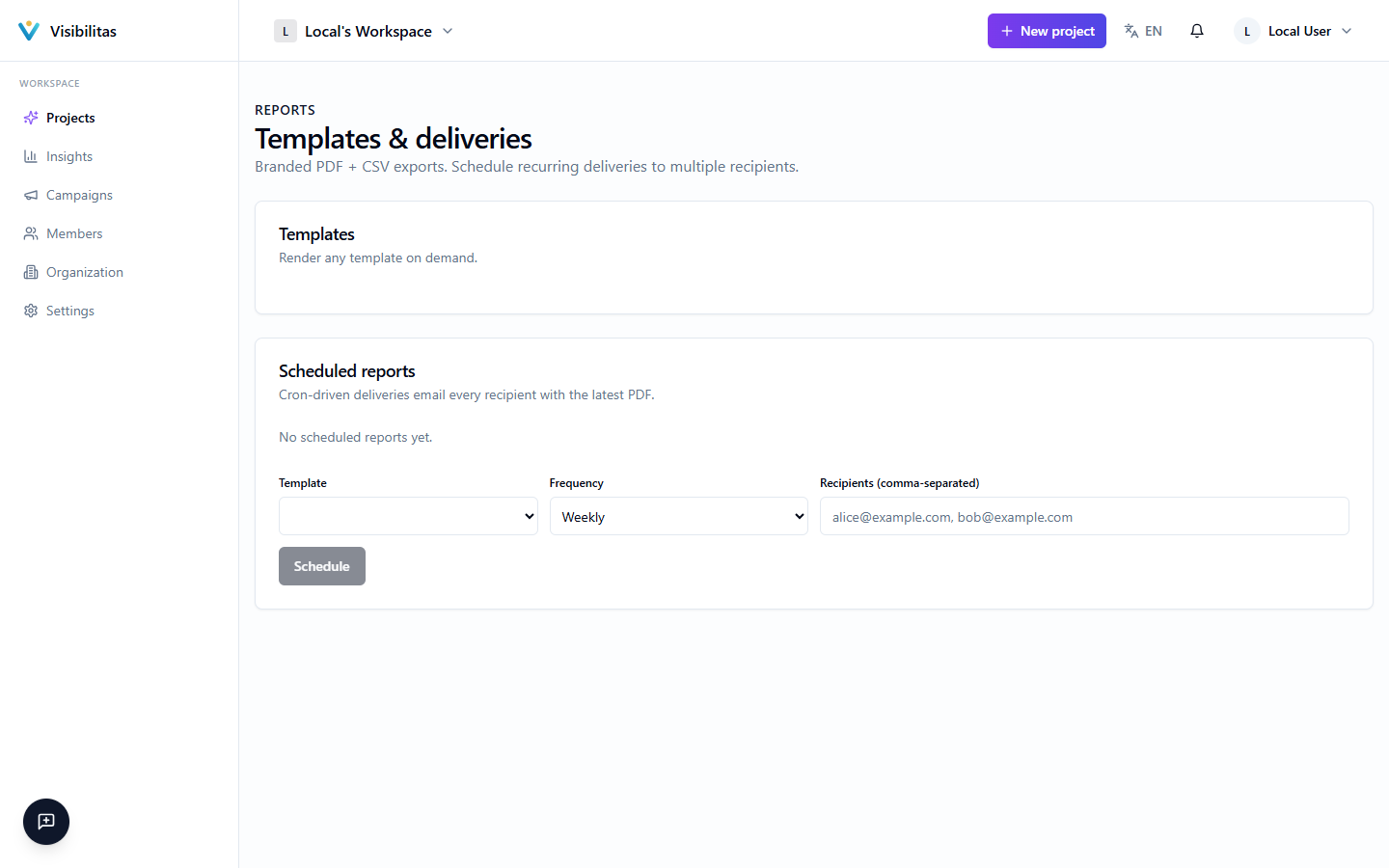 The organization-wide Reports page showing the report template cards and the scheduled reports table