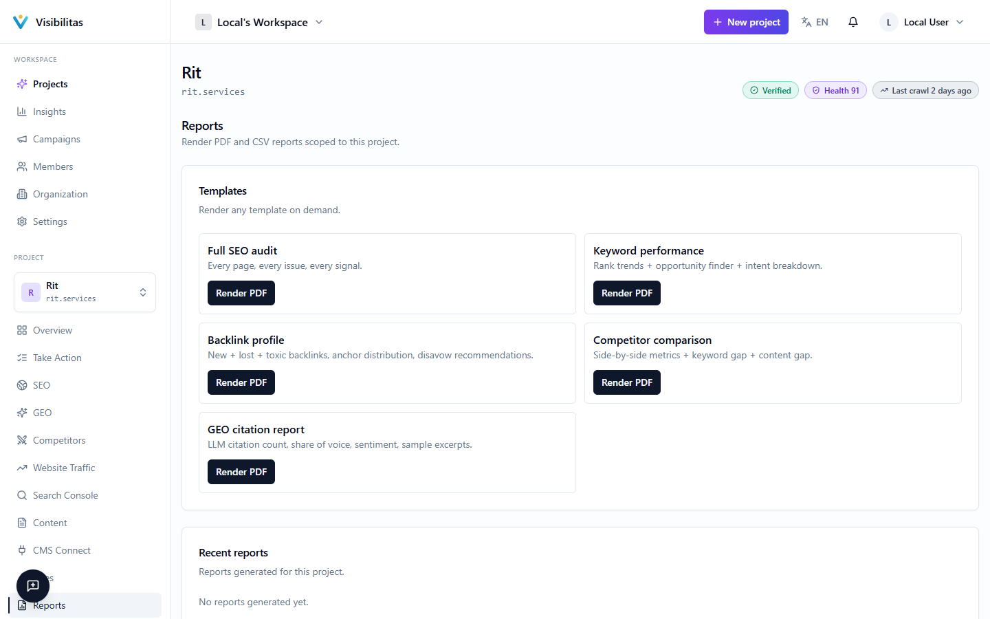 A project's Reports tab showing available report templates and the report history table