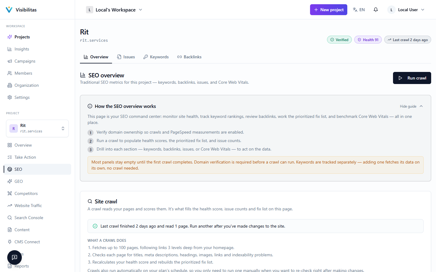 The project SEO dashboard showing the health score, stat cards for keywords, backlinks and critical issues, and the prioritized fix list