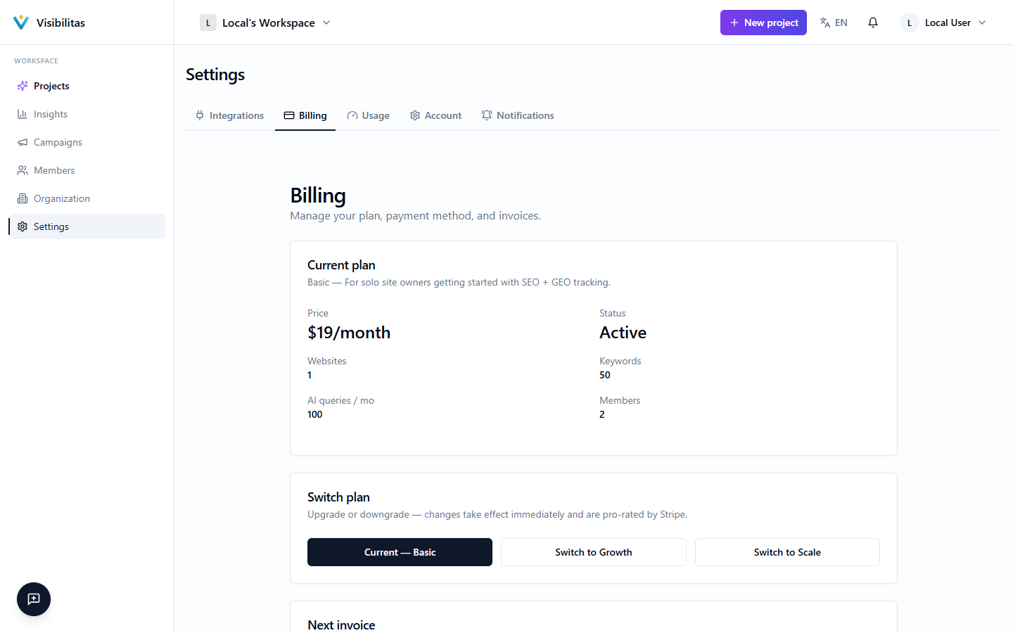The Billing settings page showing the current plan, its limits, and the upcoming invoice