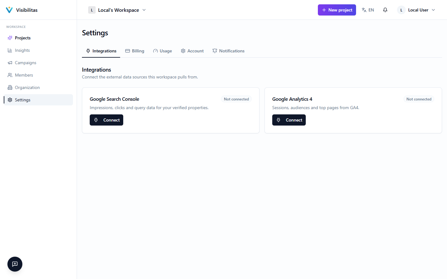 The Integrations settings page showing connection status cards for Google Search Console and Google Analytics