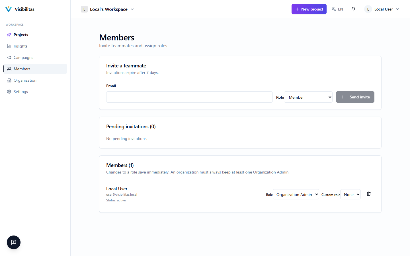 The Members page showing the team list, roles, and pending invites